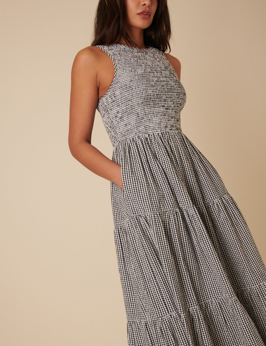 Black Gingham Sleeveless Tiered Charlie Midi Dress