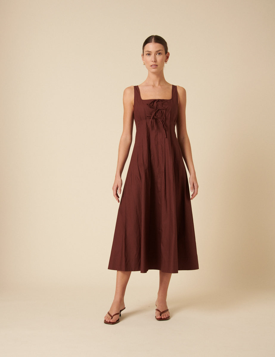 Brown Tie Front Penelope Midi Dress