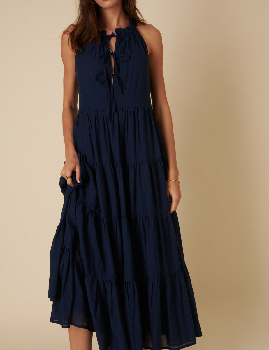 Navy Tie-Front Tiered Eileen Midi Dress