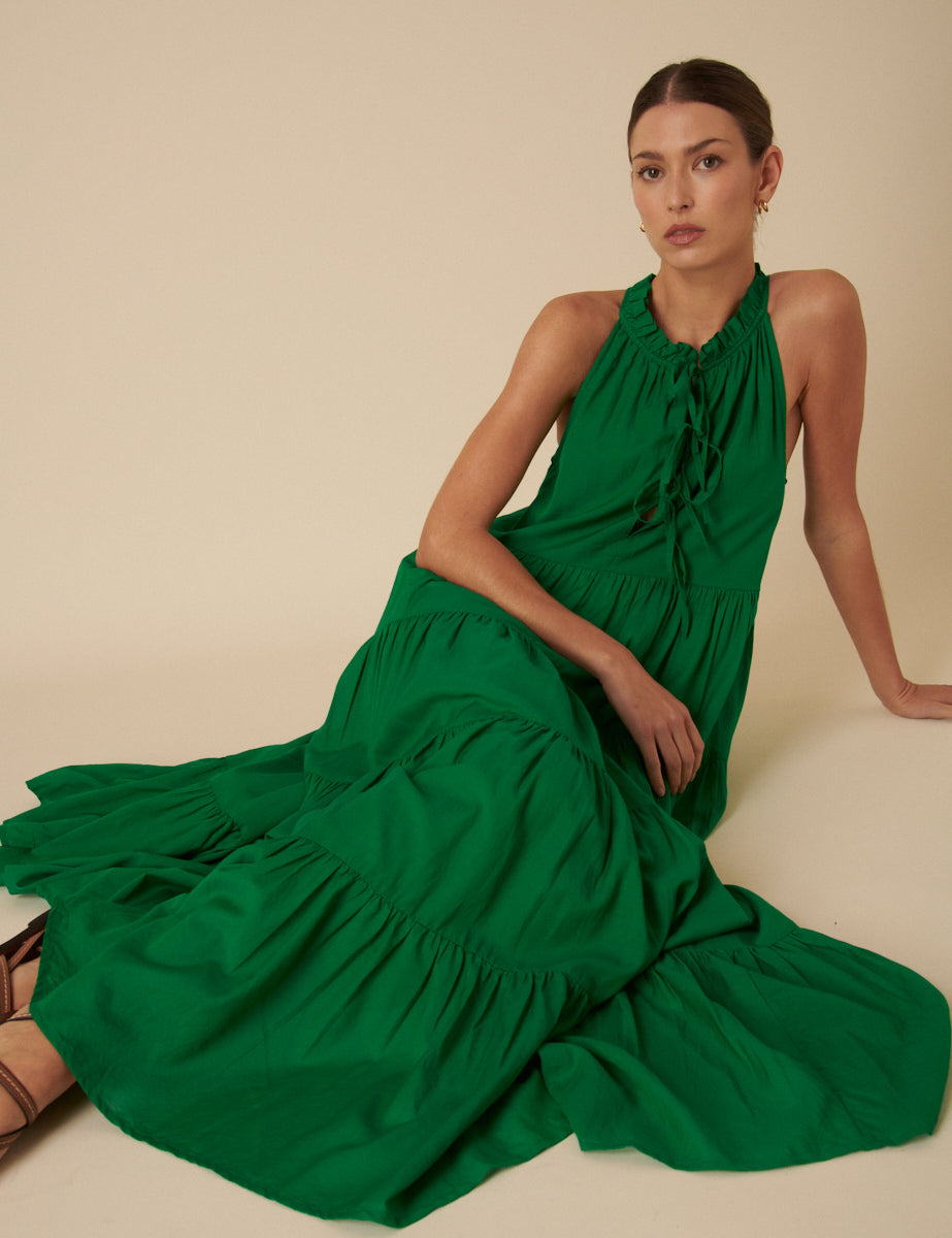 Green Tie-Front Tiered Eileen Midi Dress