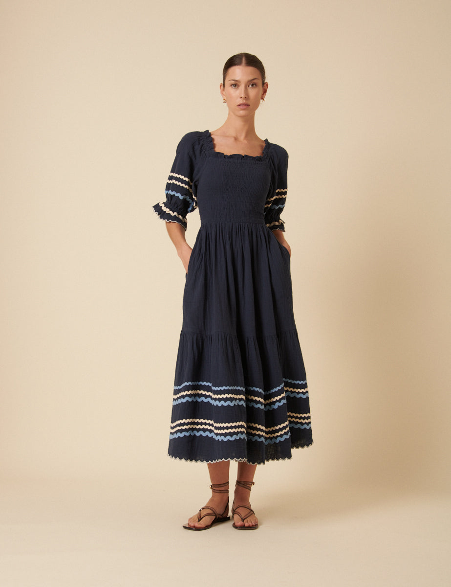 Navy Ruched Contrast Trim Rhett Midi