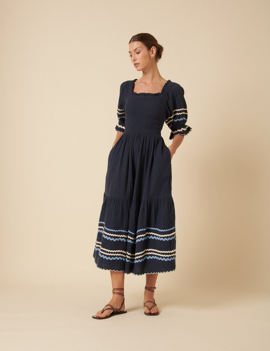 Navy Ruched Contrast Trim Rhett Midi