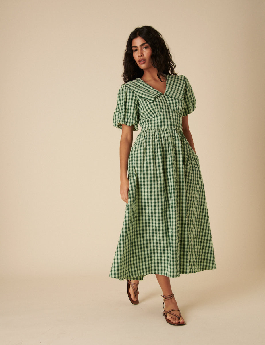 Green Gingham Birdie Midi Dress