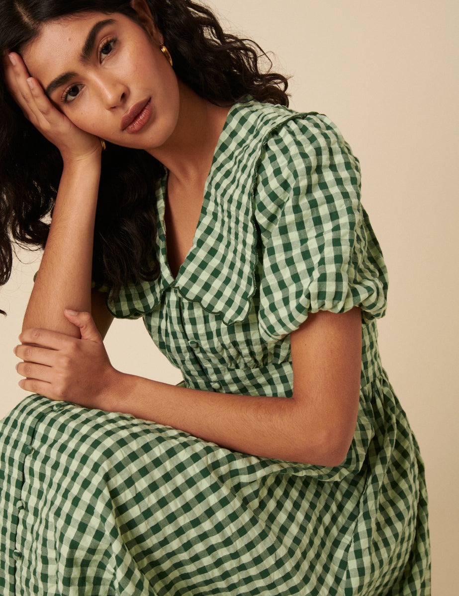 Green Gingham Birdie Midi Dress