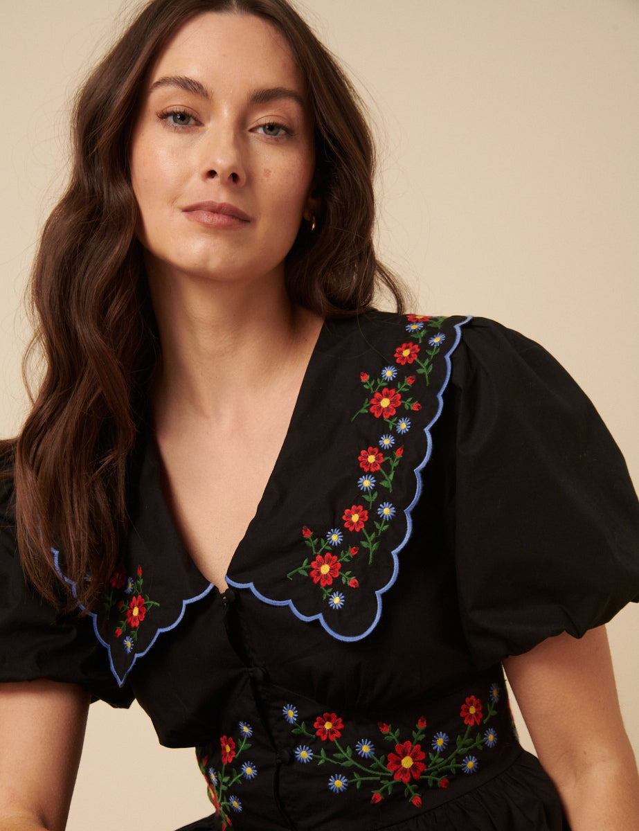 Black Floral Embroidered Birdie Midi Dress