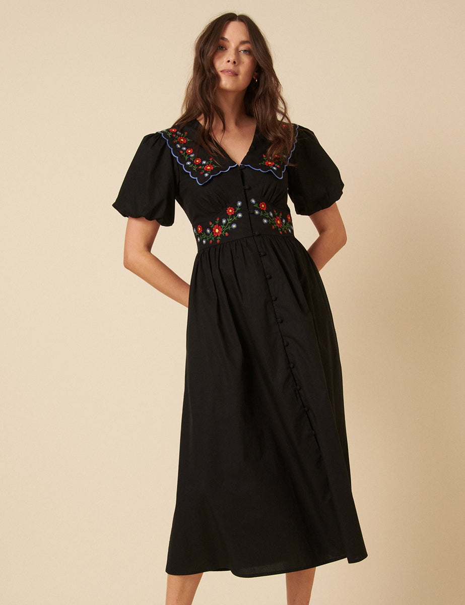 Black Floral Embroidered Birdie Midi Dress