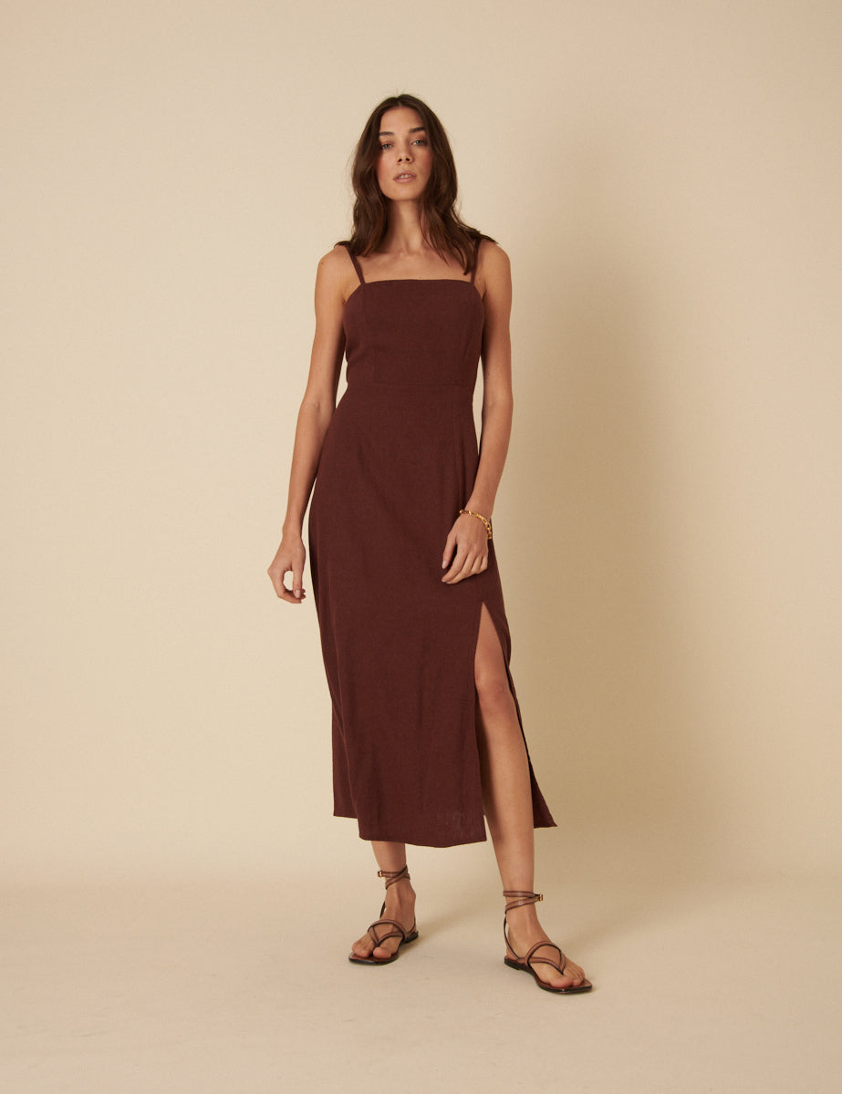 Brown Linen-blend Maddie Midi Dress