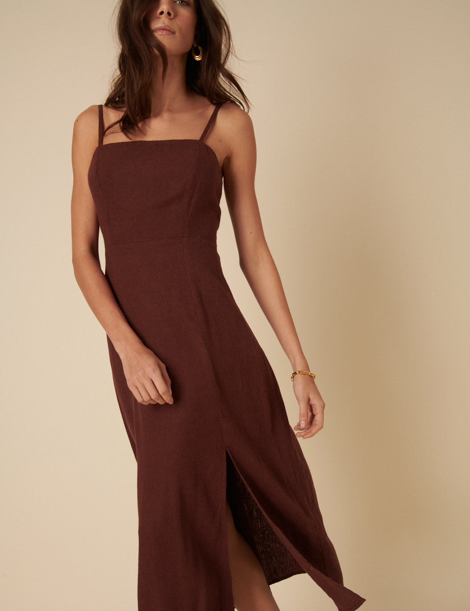 Brown Linen-blend Maddie Midi Dress