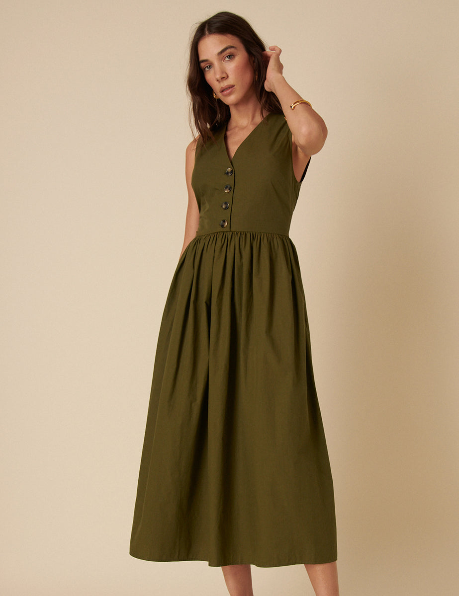 Khaki Button Down A-line Oak Midi Dress