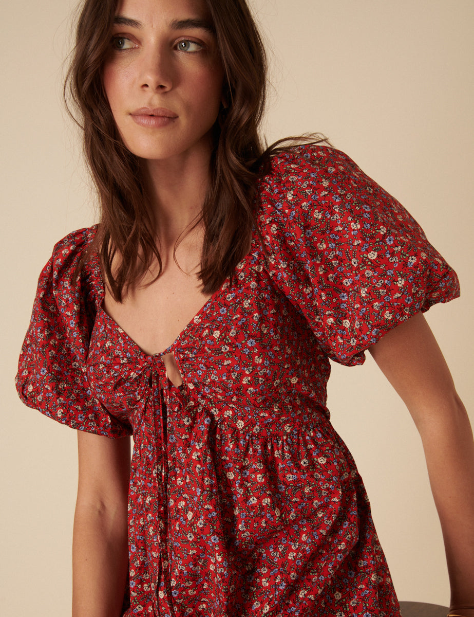 Red Ditsy Floral Puff Sleeve Joanna Mini Dress