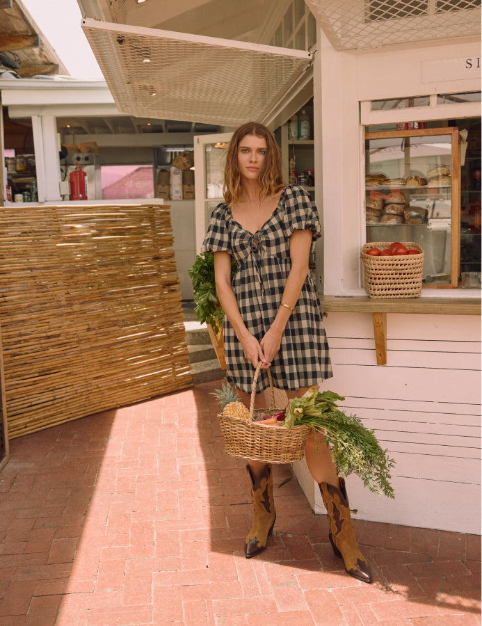 Black And Beige Check Puff Sleeve Mini Dress