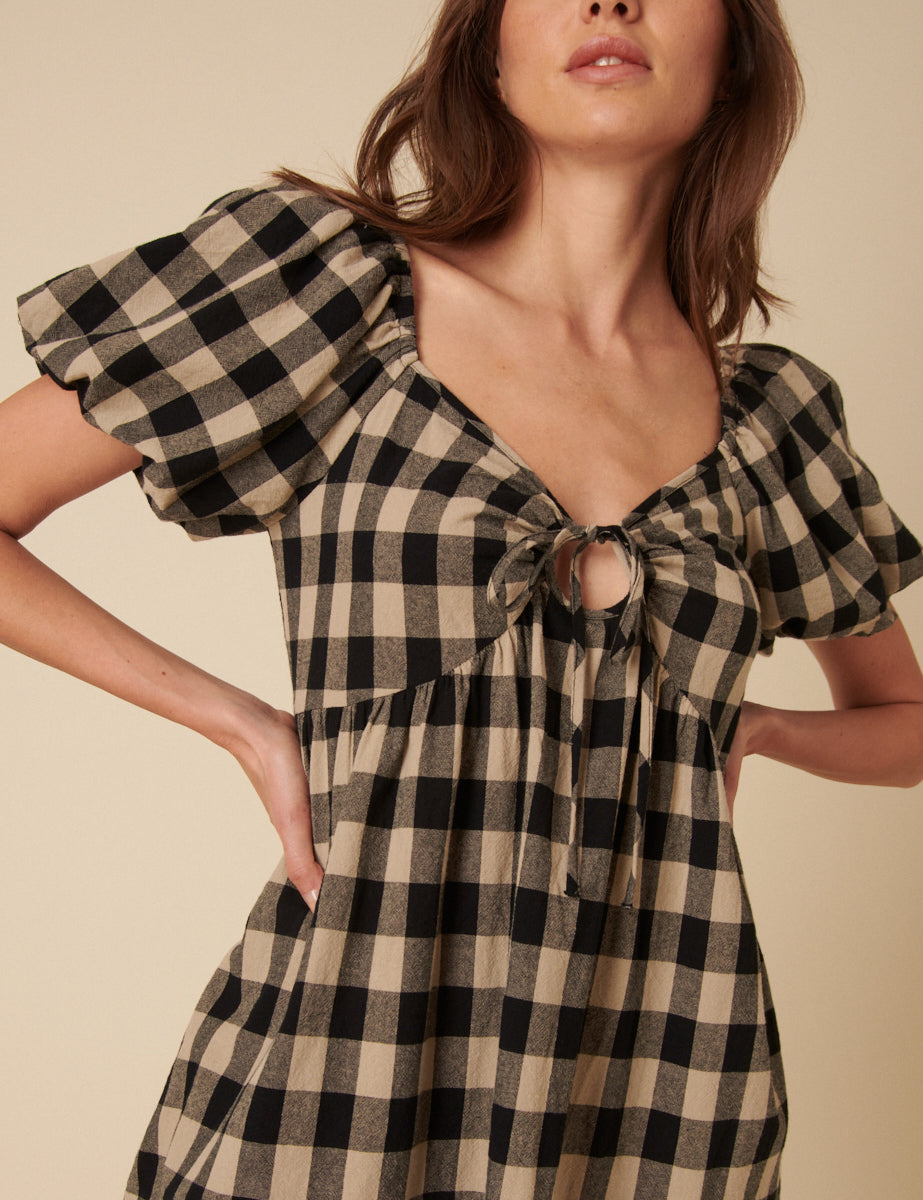 Black And Beige Check Puff Sleeve Mini Dress