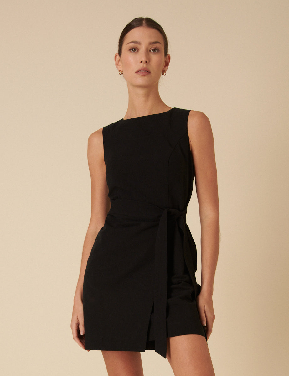 Black Linen-blend Tie Waist Lotte Mini Dress