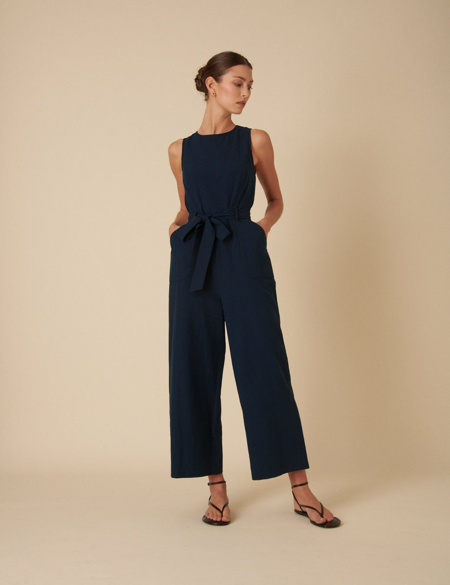 Navy  Linen-blend Sleeveless Jumpsuit