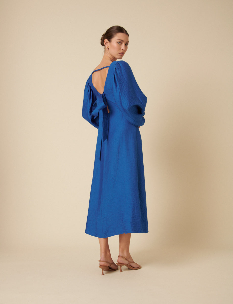 Blue Balloon Sleeve Loredana Midi Dress