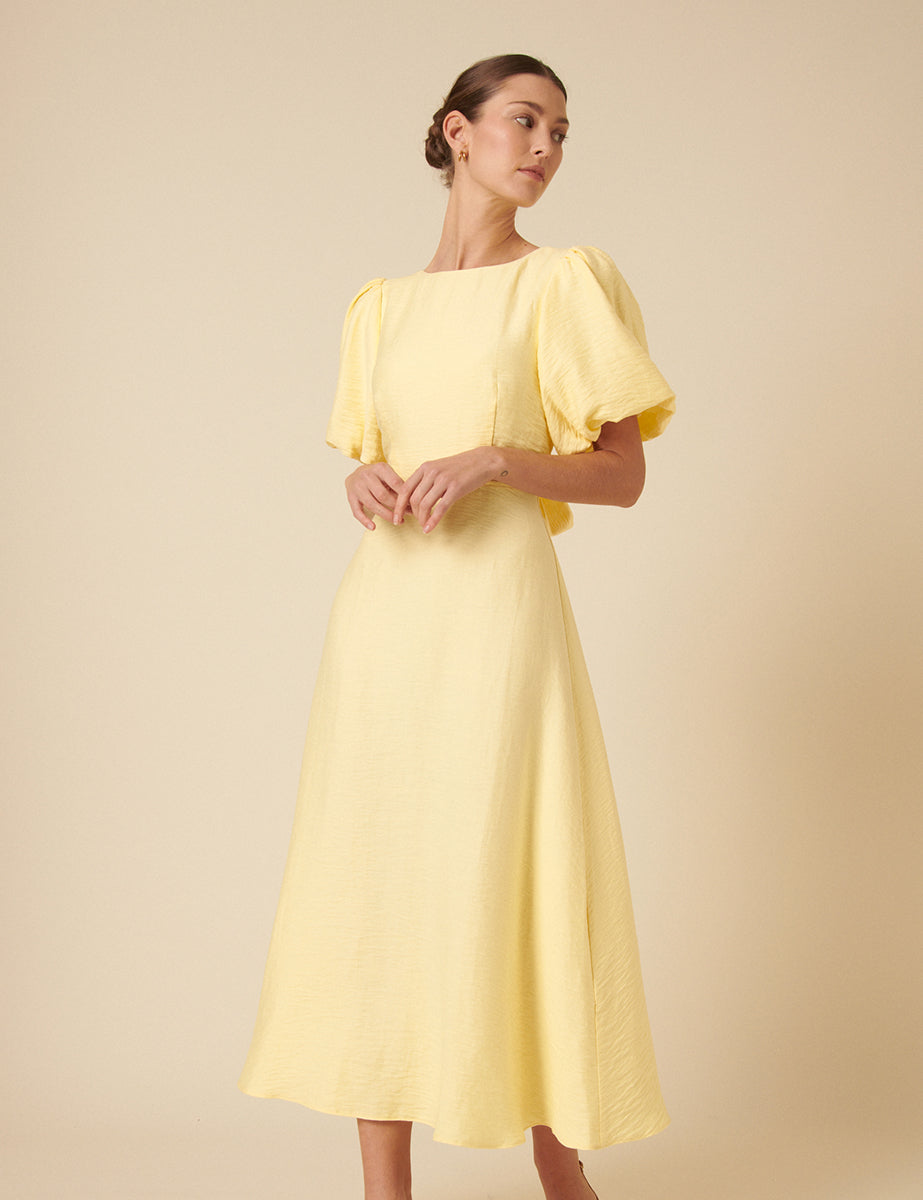 Butter Yellow Puff Sleeve Zola Midi Dress