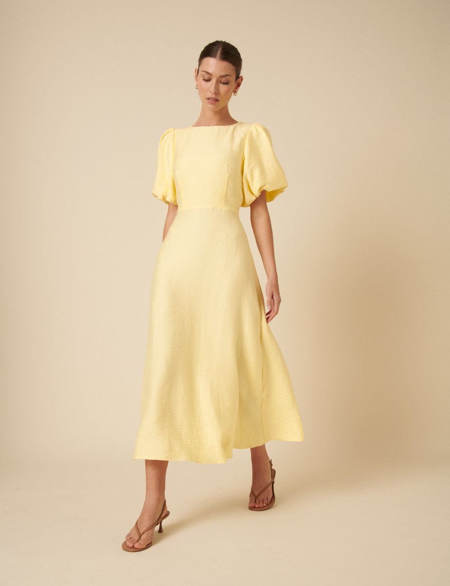 Butter Yellow Puff Sleeve Zola Midi Dress