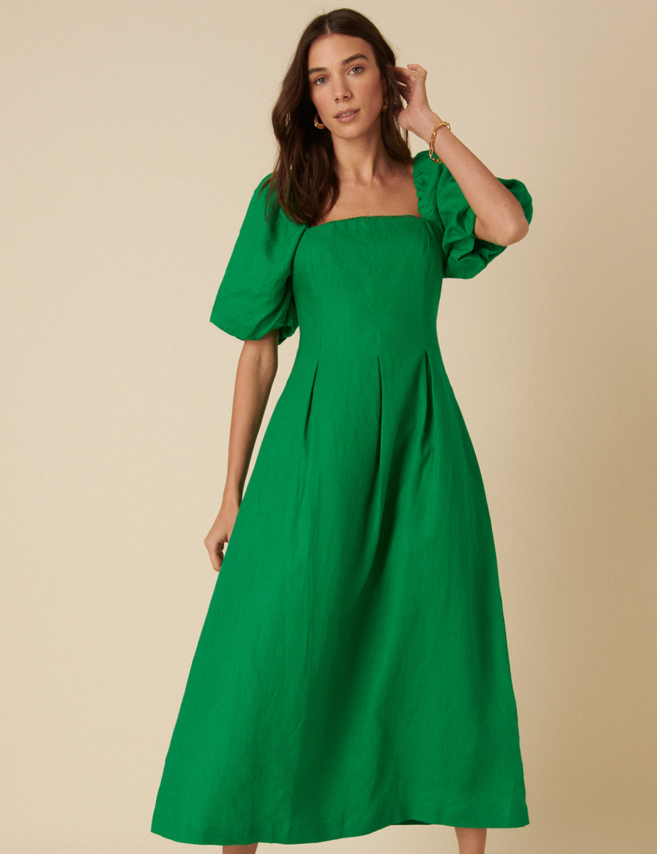 Green Puff Sleeve Linen Demi Midi Dress