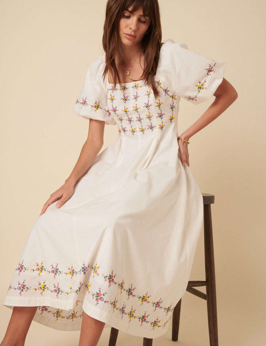 White Linen-blend Floral Puff Sleeve Demi Midi Dress