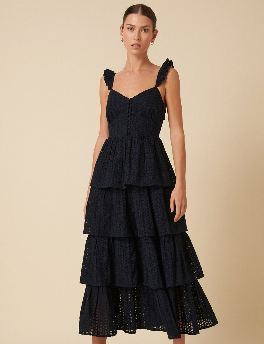 Navy Broderie Anglaise Tiered Rhys Midi Dress