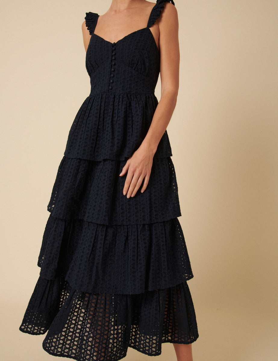 Navy Broderie Anglaise Tiered Rhys Midi Dress