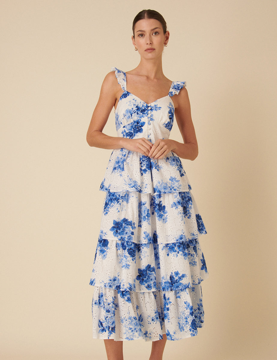 Blue Floral Tiered Rhys Midi Dress