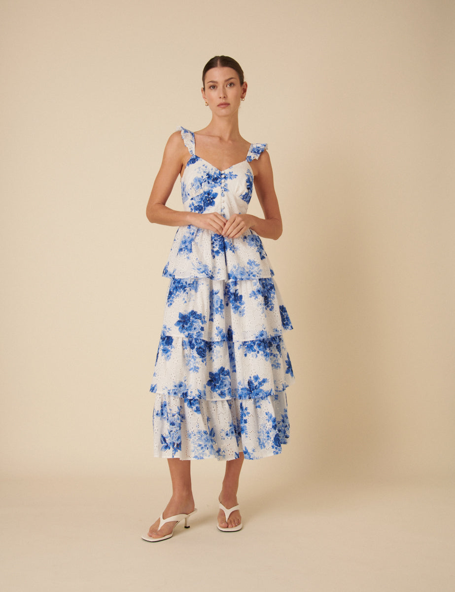 Blue Floral Tiered Rhys Midi Dress