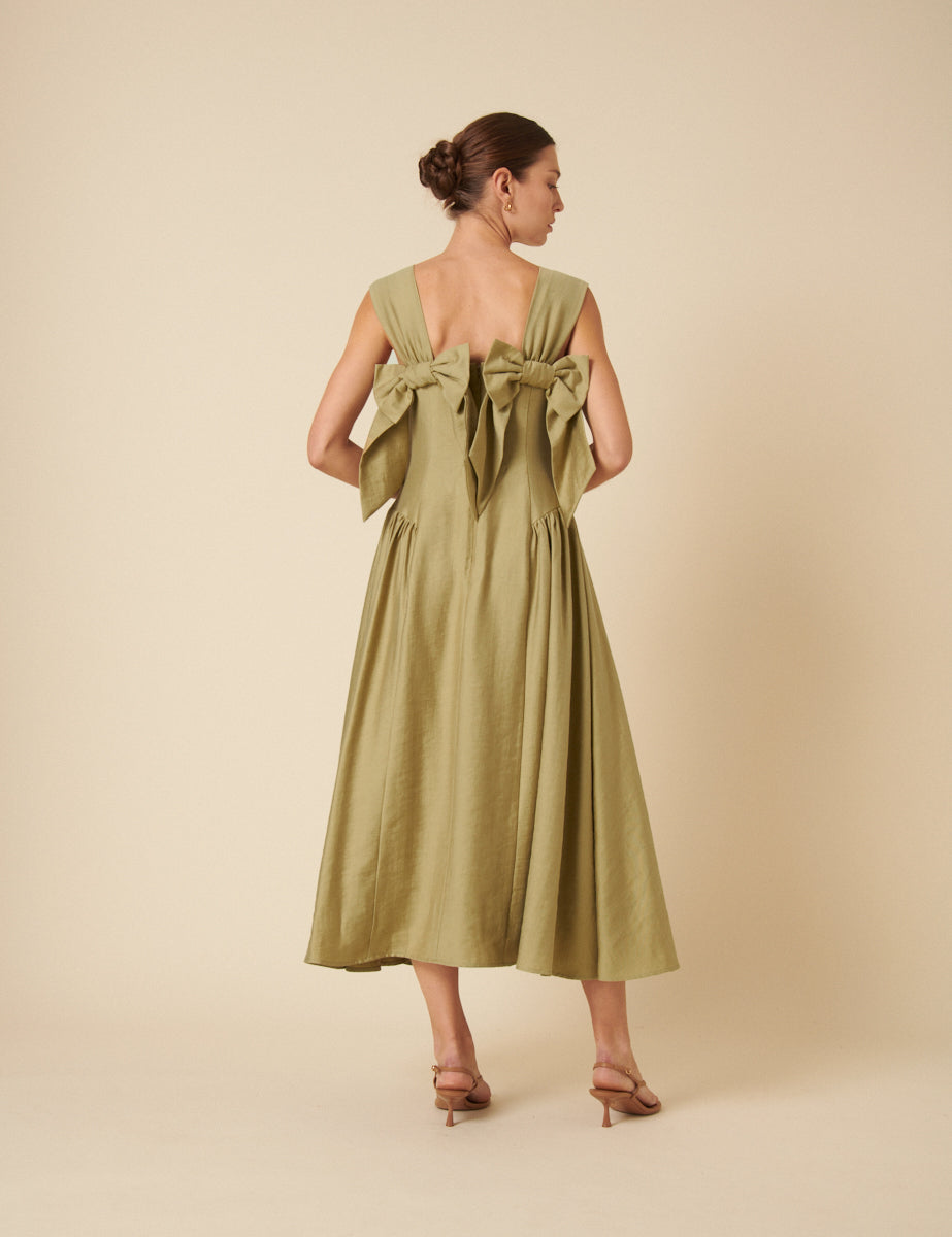 Green Bow Back Rue Midi Dress