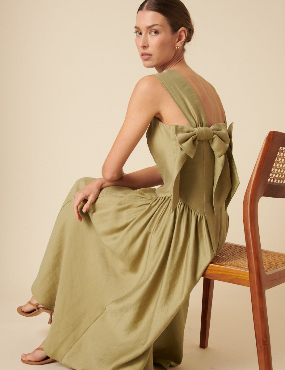 Green Bow Back Rue Midi Dress