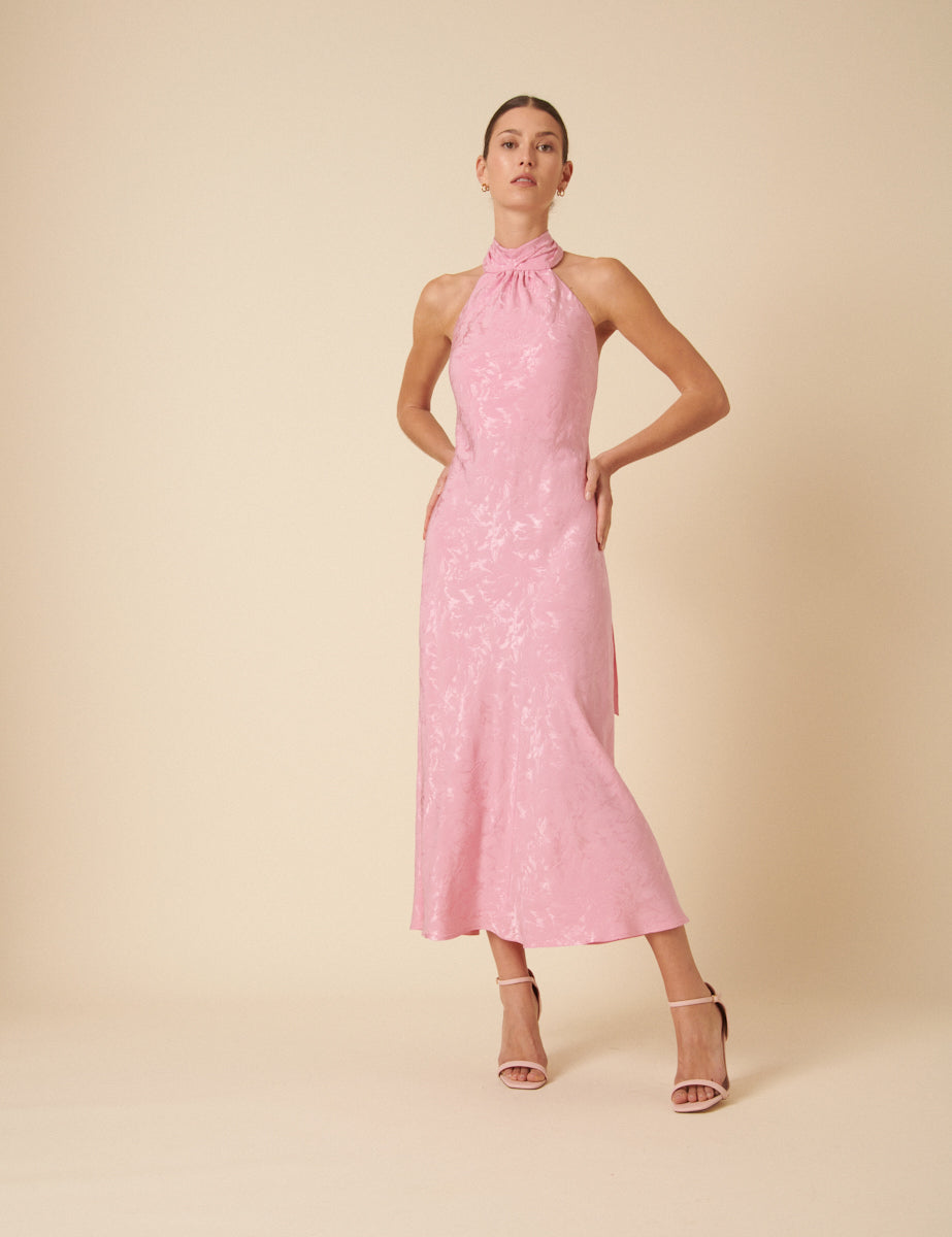 Pink Floral Jacquard Tie Neck Fifi Midi Dress