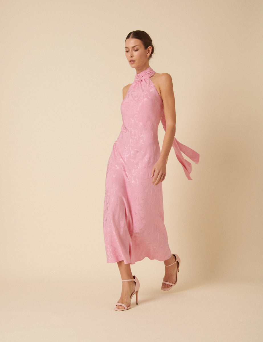 Pink Floral Jacquard Tie Neck Fifi Midi Dress