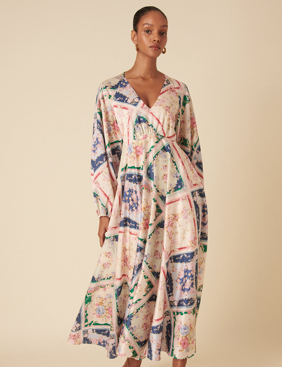 Abstract Floral Balloon Sleeve Ace Maxi Dress