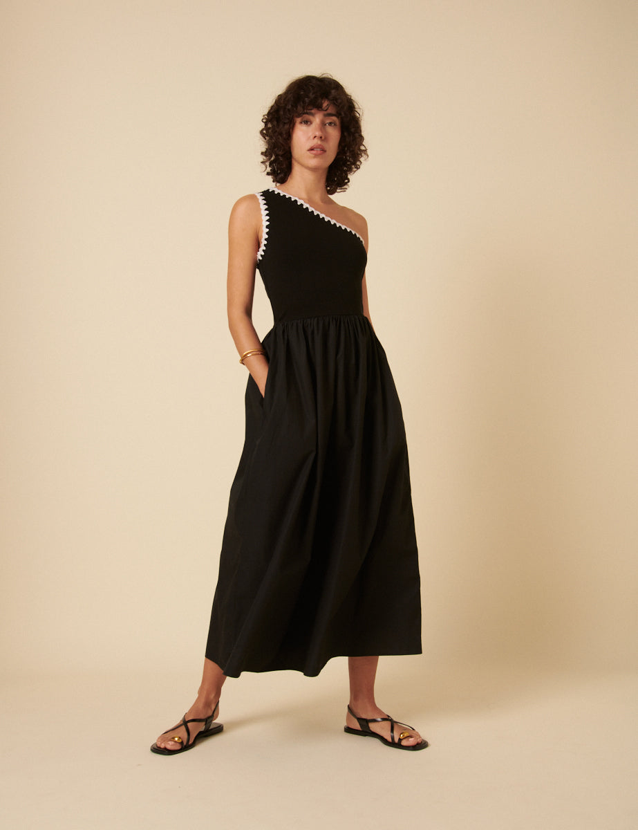 Black One Shoulder Crochet Trim Sabrina Midi Dress