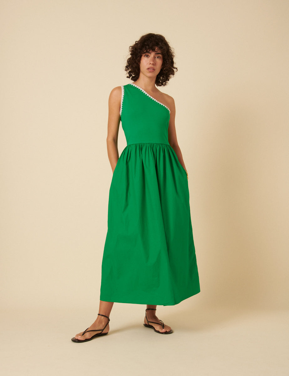 Green One Shoulder Crochet Trim Sabrina Midi Dress