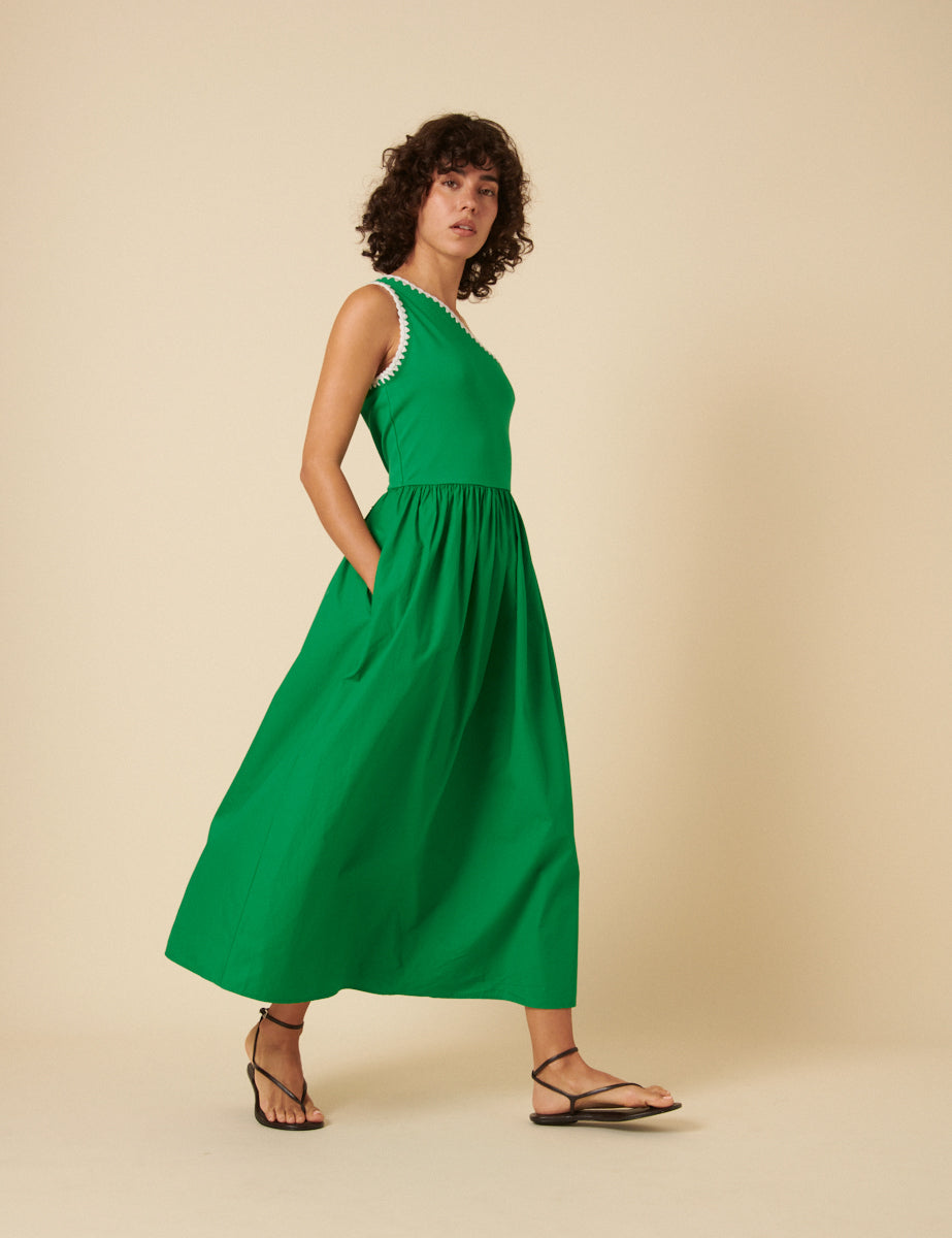 Green One Shoulder Crochet Trim Sabrina Midi Dress