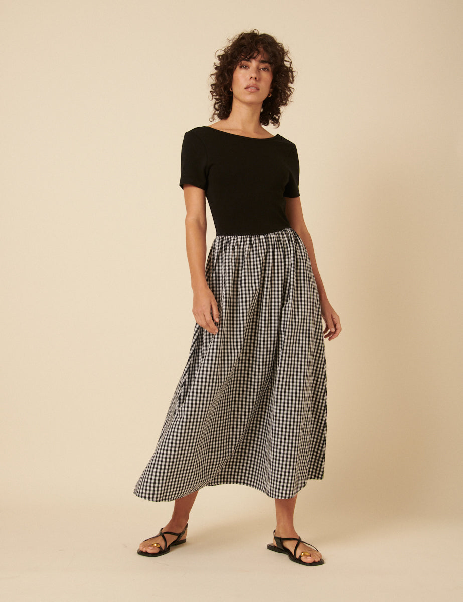 Black Gingham Short Sleeve A-line Sarah Midi Dress