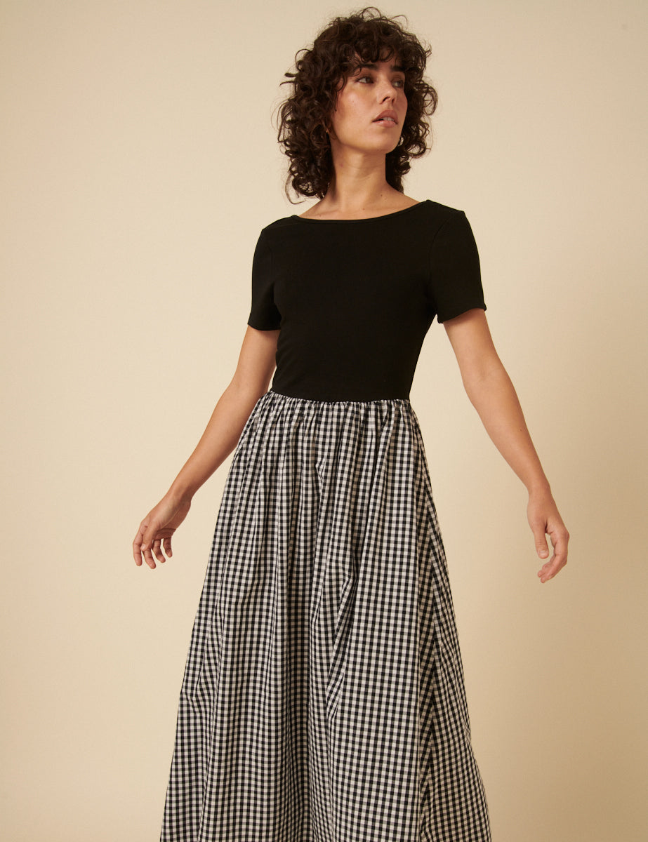 Black Gingham Short Sleeve A-line Sarah Midi Dress