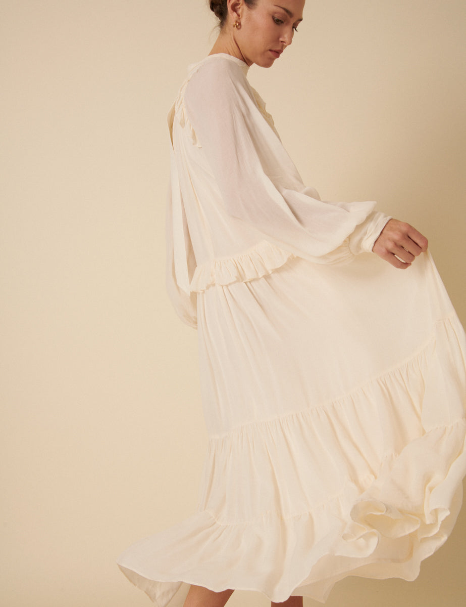 White Ruffle Bohana Midi Dress