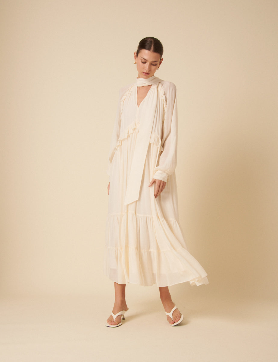 White Ruffle Bohana Midi Dress