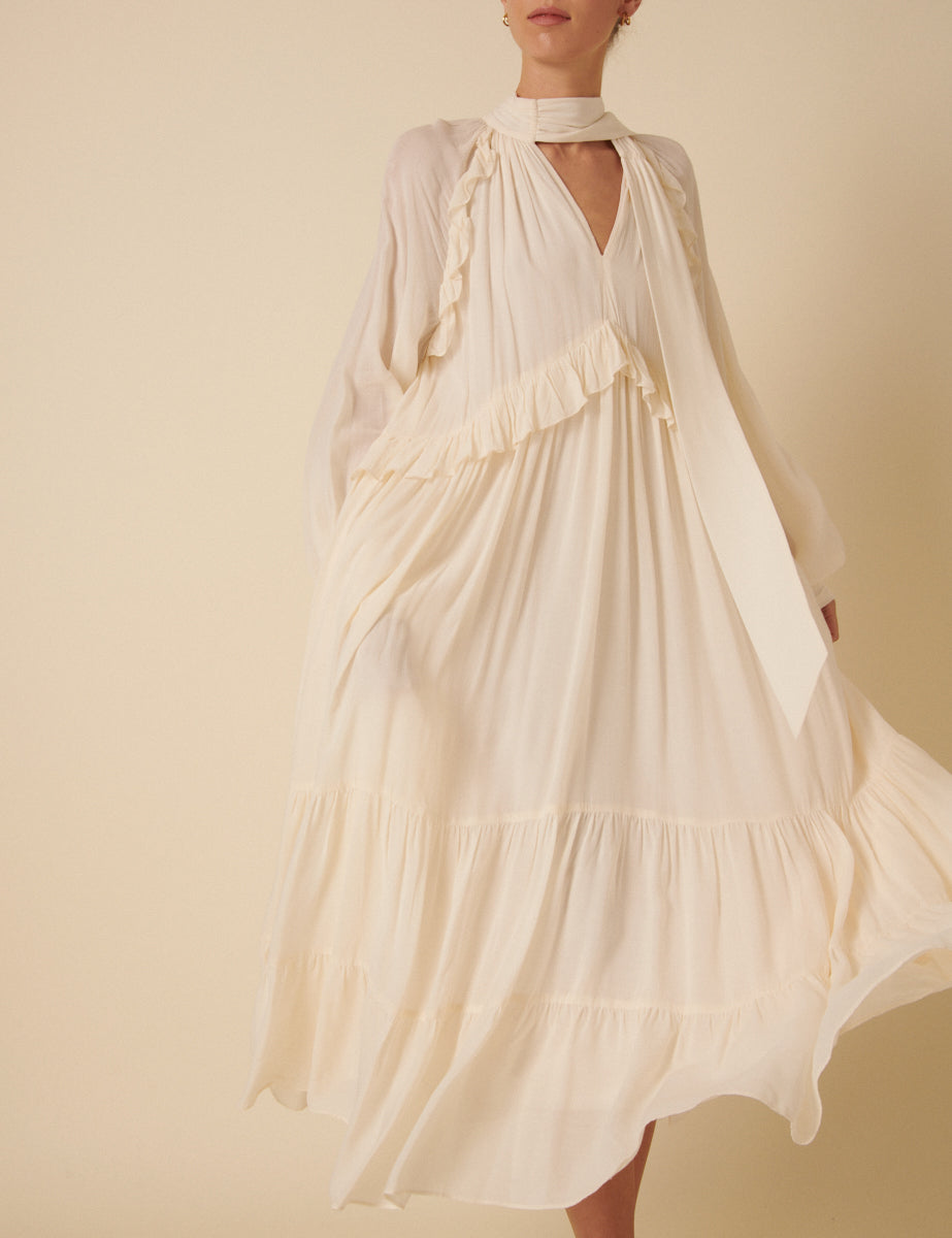 White Ruffle Bohana Midi Dress