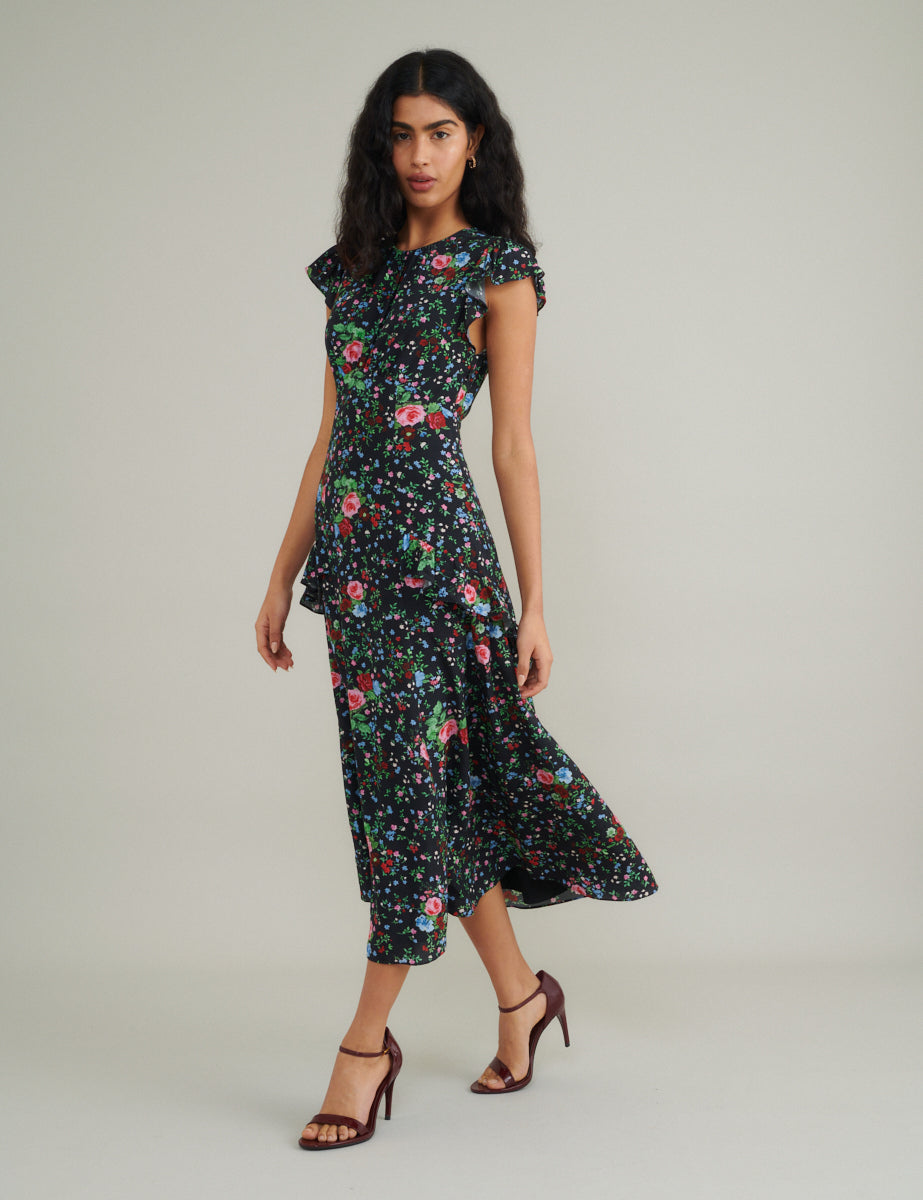 Black Ditsy Floral Seren Midi Dress