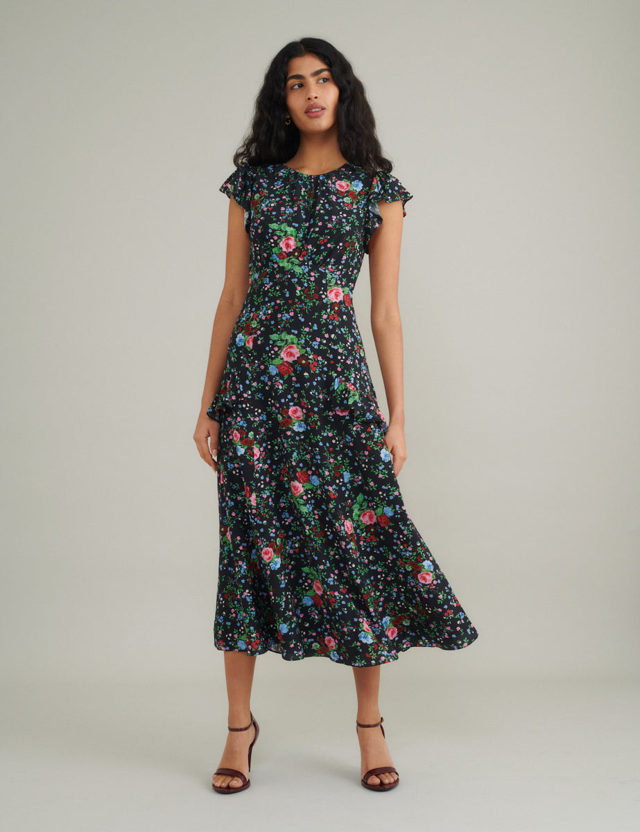 Black Ditsy Floral Seren Midi Dress