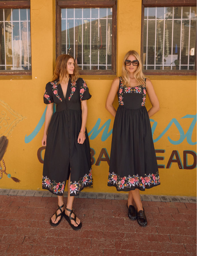 Black Floral Embroidered Serafina Midi Dress