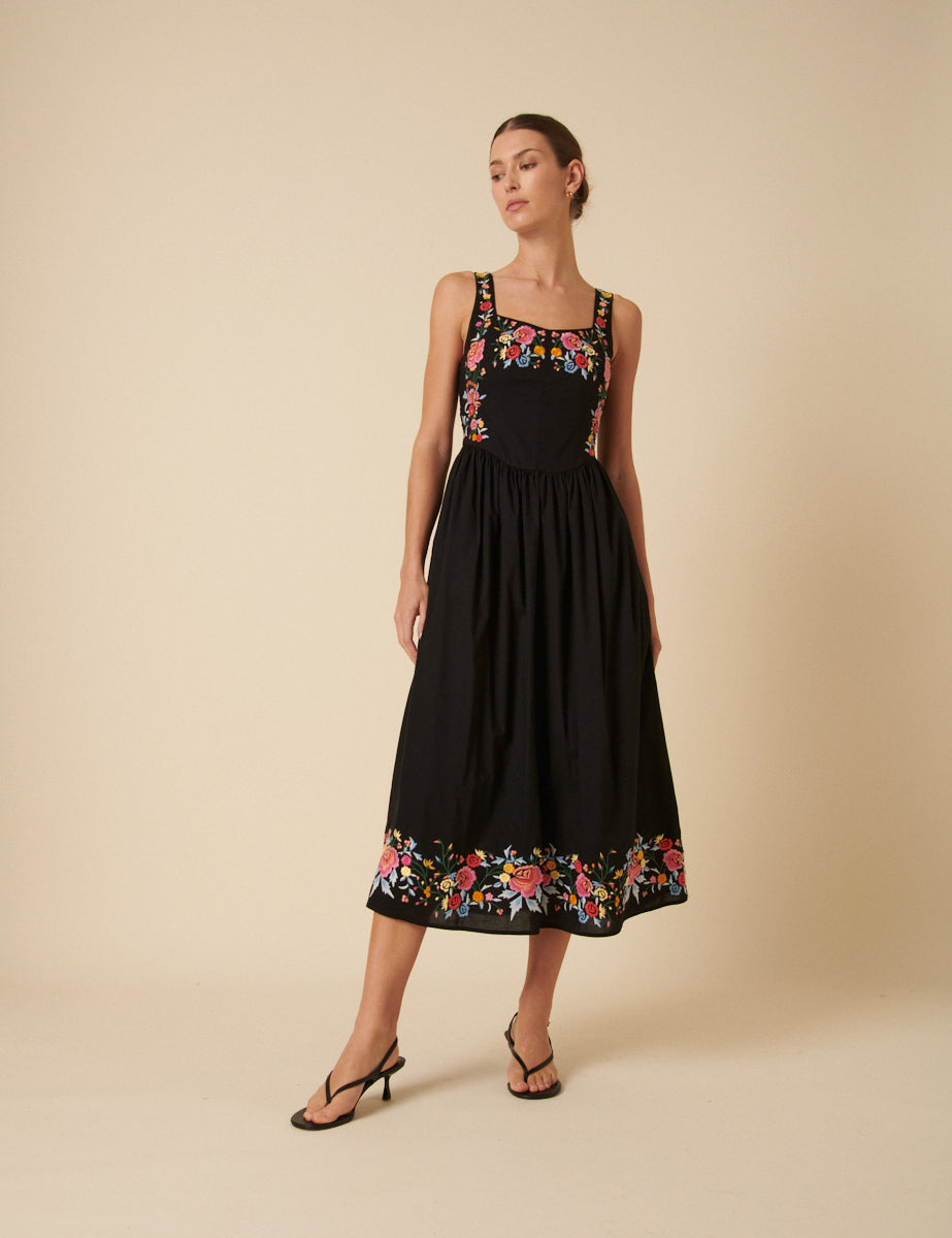 Black Floral Embroidered Serafina Midi Dress