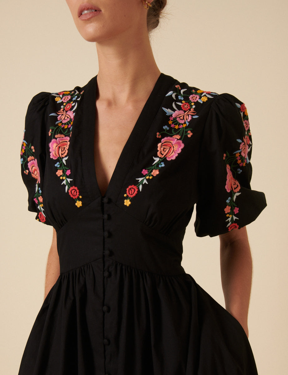 Black Floral Embroidered Starlight Midi Dress