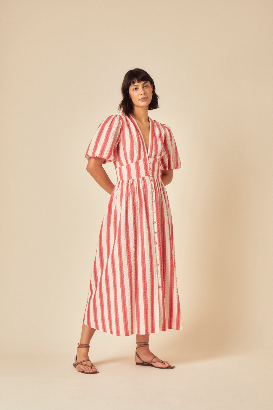 Red Striped Short Sleeve Starlight Midi Dress