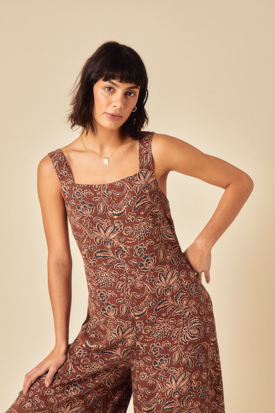 Brown Paisley Linen-blend Jumpsuit