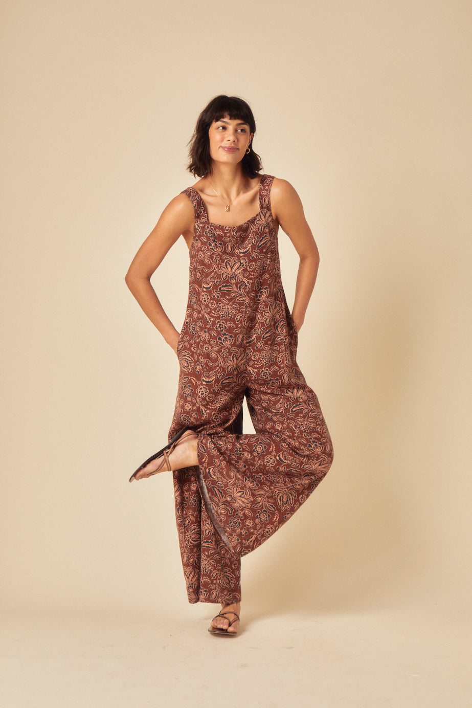 Brown Paisley Linen-blend Jumpsuit