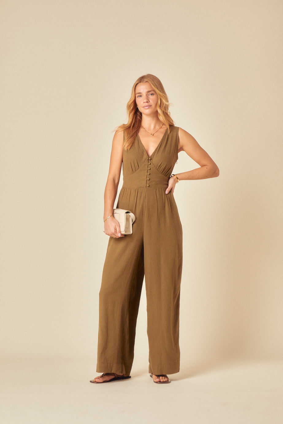 Green Linen-blend Sleeveless Starlight Jumpsuit
