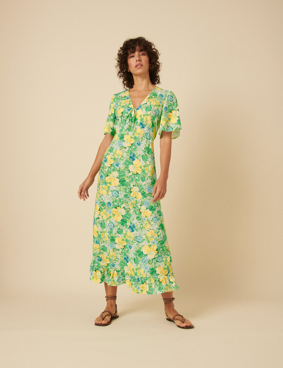 Green Floral Dalia Midi Tea Dress